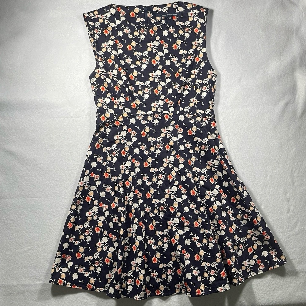 French Connection Floral Fit & Flare Dress Women's US 2 Navy Sleeveless Mini - Picture 2 of 7